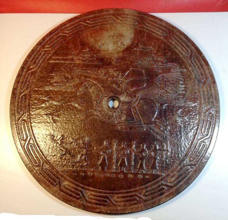 E14 Archaic Big Glass Jade Disc, Bi, with Hunting Pattern